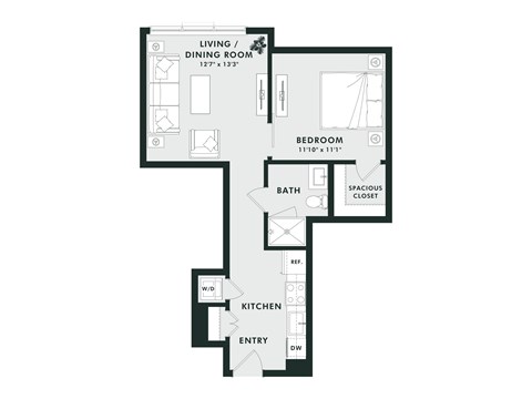 Floor plan for 1 bed, 1 bath, 625 sqft